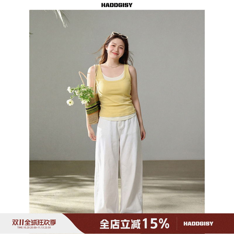 Zeng Xiaoxian Plus-Size Women's Clothing Fake Two-Piece Camisole for Women with Curvy Figures, Tummy-Covering Top and Jeans Slimming Set for Summer Zeng Xiaoxian Plus-Size Women's Clothing Fake Two-Piece Camisole for Women with Curvy Figures, Tummy-Covering Top and Jeans Slimming Set for Summer