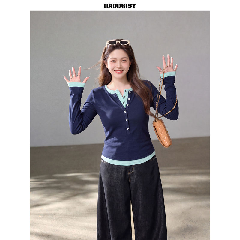 Zeng Xiaoxian Plus-Size Women's Clothing, Navy Blue Faux Two-Piece Design Long-Sleeve T-Shirt Top, Slightly Chubby Women's Suit Pants for Autumn