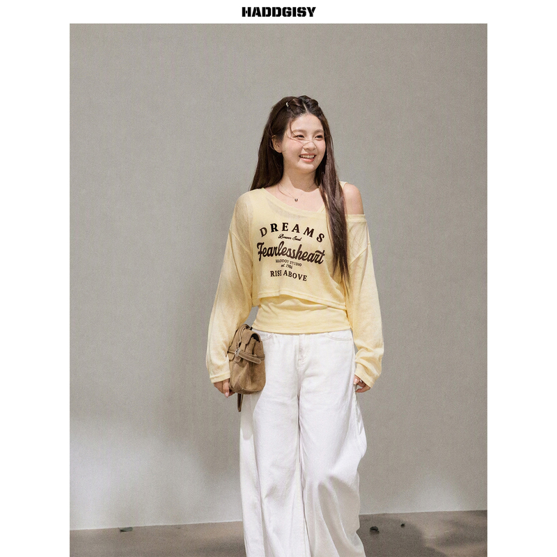 Zeng Xiaoxian Plus-Size Women's Clothing for Slightly Chubby Women, Yellow Short Sun-Protective Cover-Up T-Shirt, Camisole Top, Set with Pants Zeng Xiaoxian Plus-Size Women's Clothing for Slightly Chubby Women, Yellow Short Sun-Protective Cover-Up T-Shirt, Camisole Top, Set with Pants