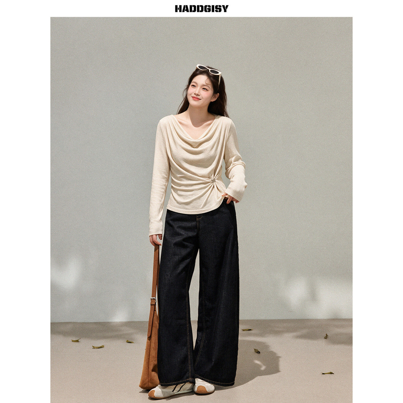 Zeng Xiaoxian Plus-Size Women's Clothing, Scoop Neck, Waist-Cinching, Long-Sleeved T-Shirt, Early Autumn Slimming Inner Layer Top for Chubby Girls