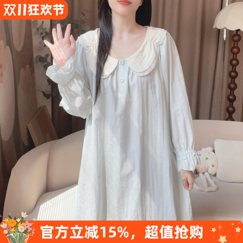 Nightgown for Women, Autumn Long-Sleeved Pure Cotton Princess Style Doll Collar Blue Mid-Length Home Dress 100% Pure Cotton Nightgown for Women, Autumn Long-Sleeved Pure Cotton Princess Style Doll Collar Blue Mid-Length Home Dress 100% Pure Cotton