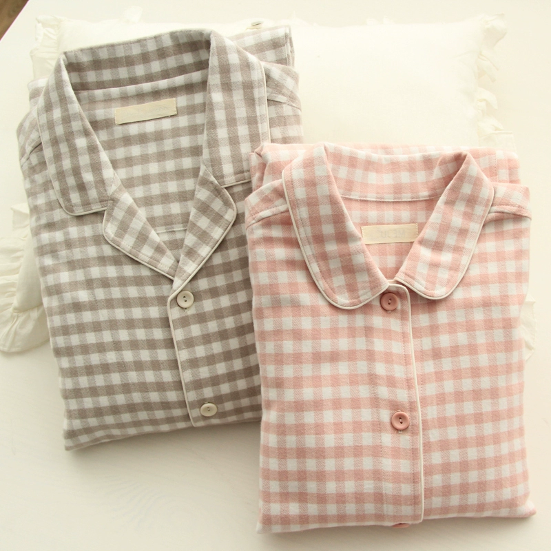 Cặp đôi pyjama cho nam và nữ bằng cotton tinh khiết chải nỉ kẻ sọc ca rô ve áo kiểu Nhật đơn giản, đơn giản cho mùa xuân và mùa thu. - Bộ Pajama