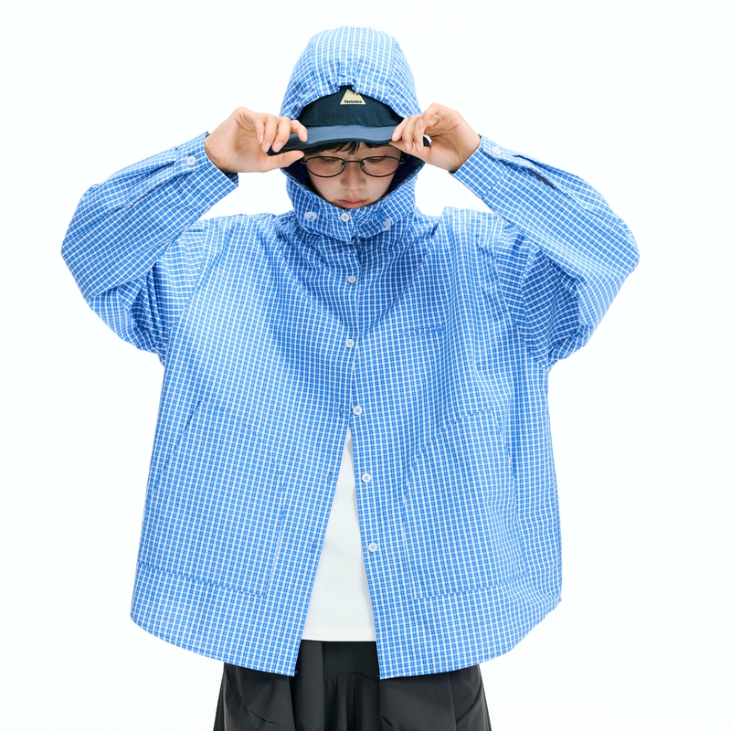 Turtle Universe Sky Blue Plaid Hooded Shirt Japanese Street Style Sun Protection Pure Cotton Loose Thin Top Turtle Universe Sky Blue Plaid Hooded Shirt Japanese Street Style Sun Protection Pure Cotton Loose Thin Top
