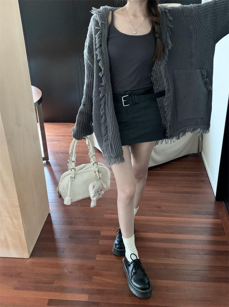 Damen Strickjacke Grobstrick Pullover Grau Langarm Oversize_voghion.com