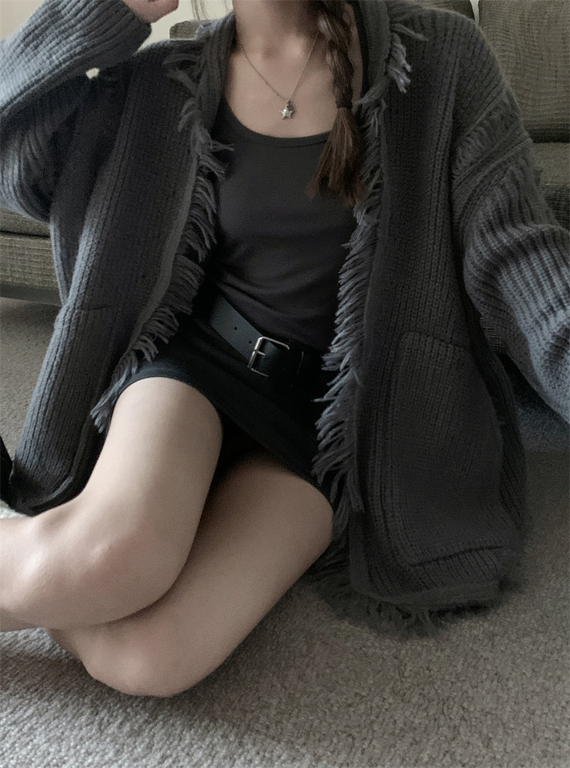 Damen Strickjacke Grobstrick Pullover Grau Langarm Oversize_voghion.com
