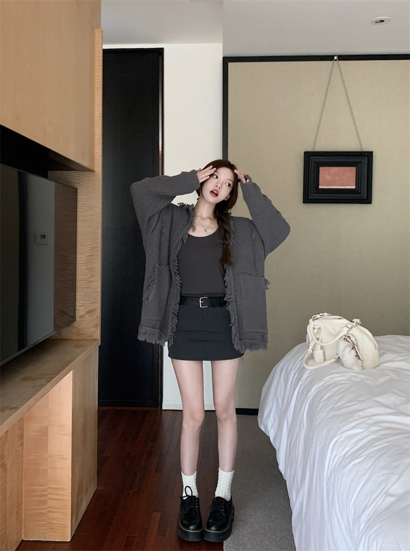 Damen Strickjacke Grobstrick Pullover Grau Langarm Oversize_voghion.com