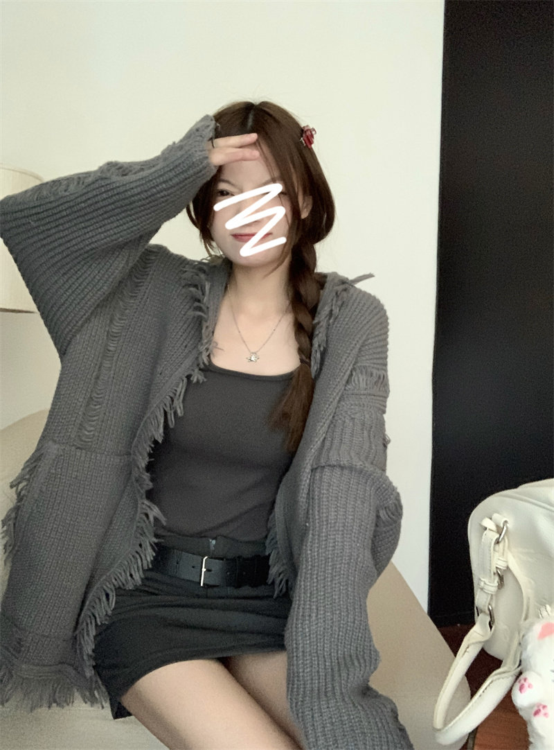 Damen Strickjacke Grobstrick Pullover Grau Langarm Oversize_voghion.com