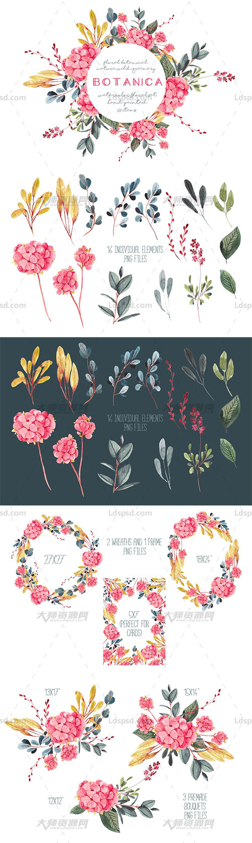 16张高清透明的北欧风水彩植物花卉PNG图片：Botanica - watercolor set