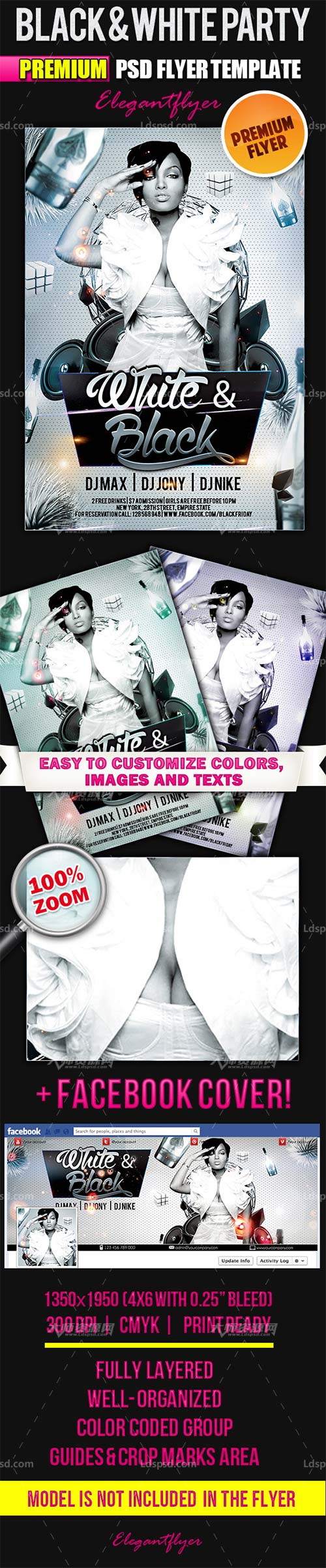 Black & White Party – Flyer PSD Template + Facebook Cover,黑白风格的派对海报/传单模板