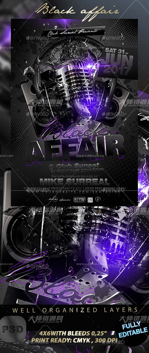 Black Affair Party Flyer,酷黑风格的DJ音乐海报/传单模板