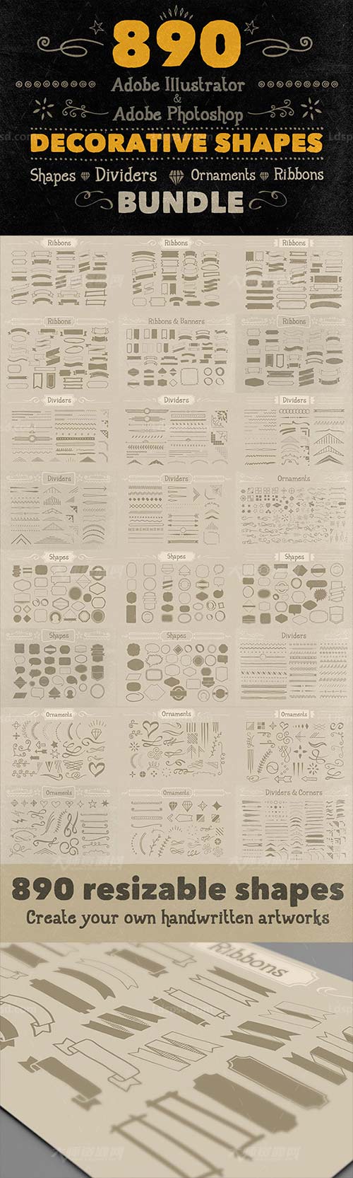 890 Handwritten Shapes - Bundle,890个矢量的手绘装饰形状(合集版)