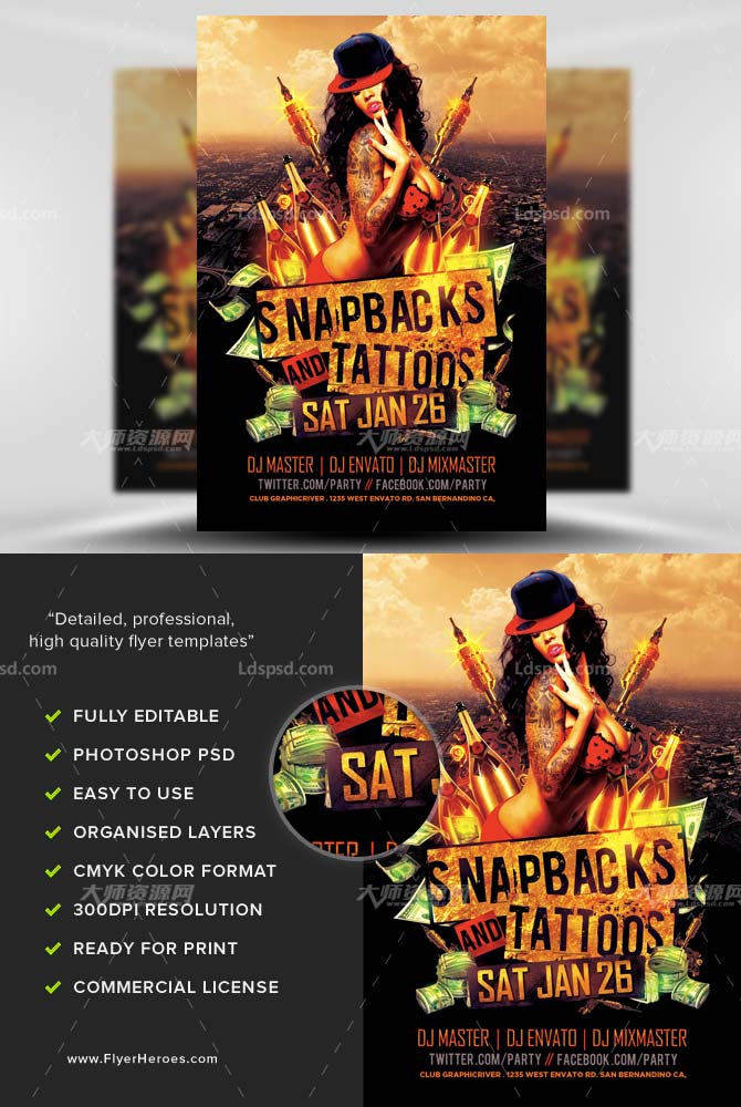 Snapbacks and Tattoos Flyer Template,性感派对传单模板