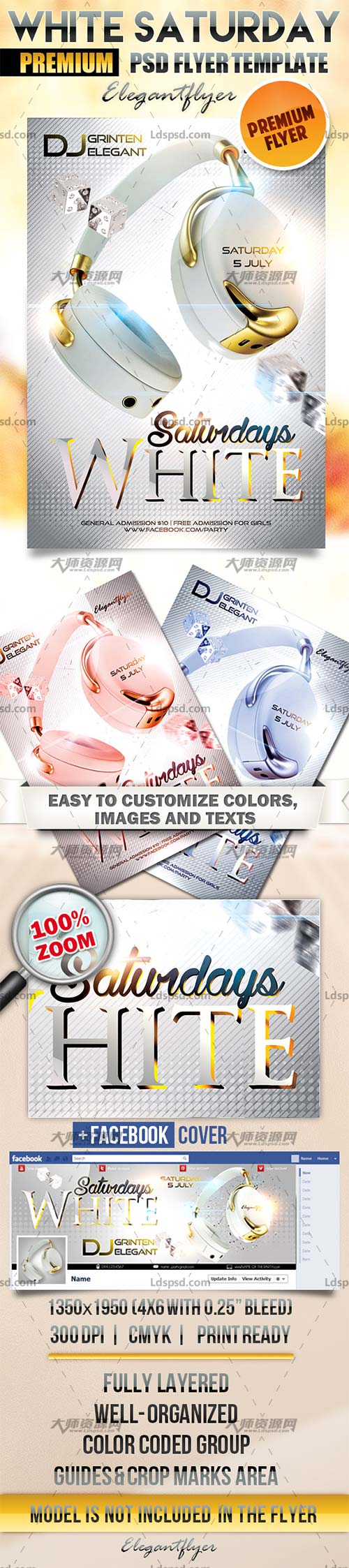 White Saturday – Flyer PSD Template + Facebook Cover,豪华音乐派对海报/传单模板