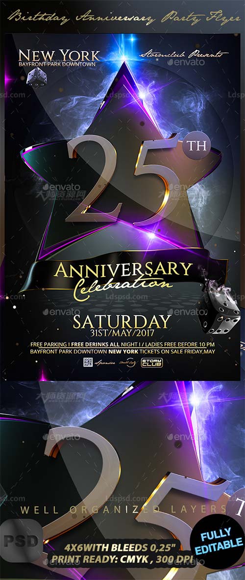 Birthday Anniversary Party Flyer,酷黑风格的周年/生日庆典海报/传单模板