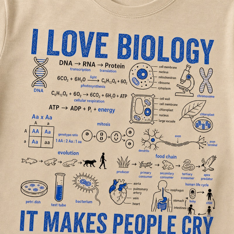 I Love Biology Formula Short-Sleeve T-Shirt for Men, Summer Pure Cotton Loose Fit Printed Half-Sleeve for Science Students, American Style