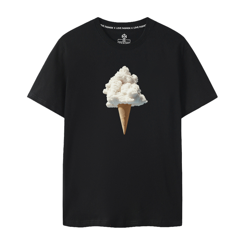 2025 New Spring and Summer Short-Sleeved T-Shirts for Men and Women, Couple Wear, Cloud Ice Cream Summer Print, Fun Pure Cotton