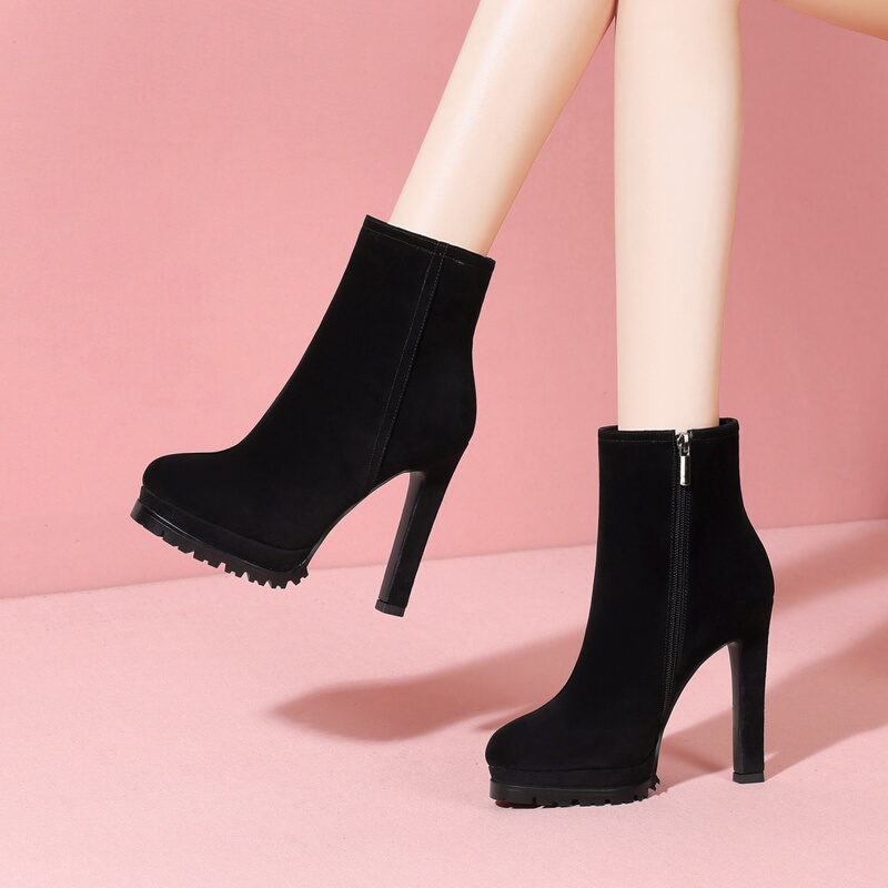 12cm Sheepskin Genuine Leather High-Heeled Short Boots, Stiletto Heel, Round Toe, Waterproof Platform, Elegant High-Heeled Boots, Suede Single Boots with Fleece Lining