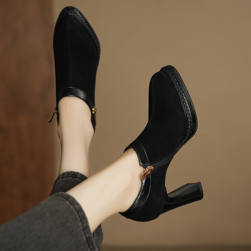 10cm Sheepskin Genuine Leather High Heels, Ultra-High Heel, Chunky Heel, Waterproof Platform, Deep-Cut Ankle Boots, Autumn Black