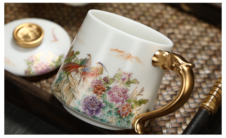 Jingdezhen ceramic filter cups with cover suet jade white porcelain separation boss office cup tea tea cup