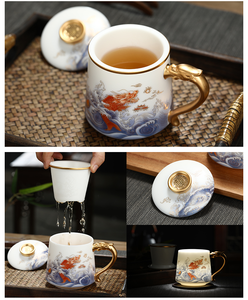 Jingdezhen ceramic filter cups with cover suet jade white porcelain separation boss office cup tea tea cup