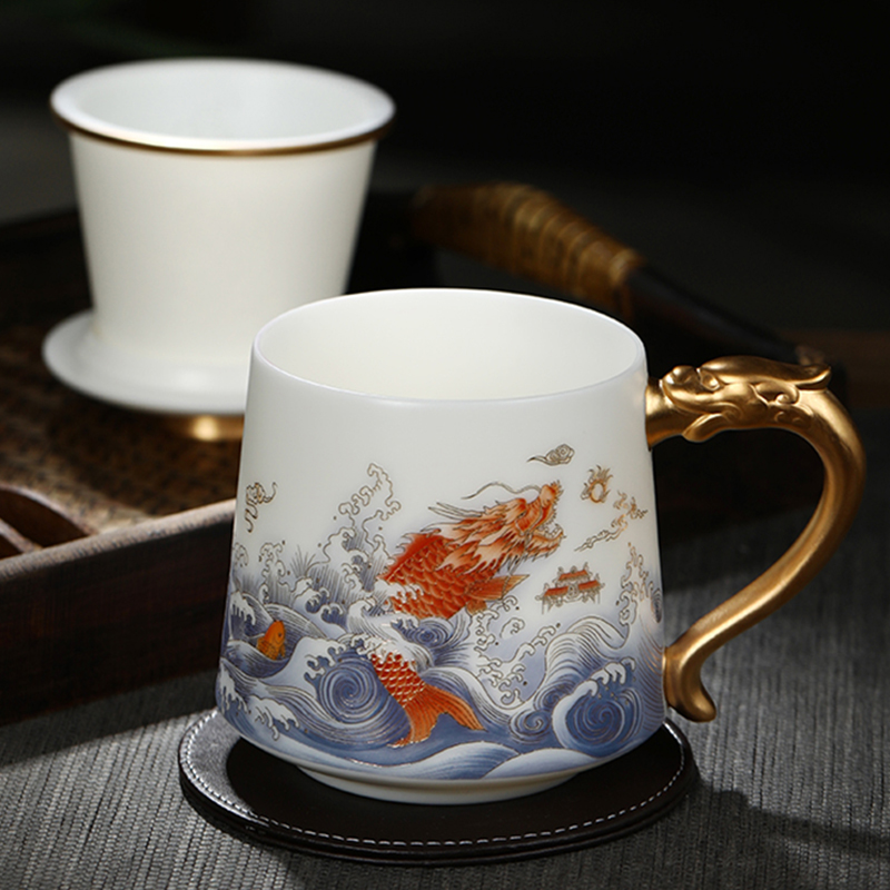 Jingdezhen ceramic filter cups with cover suet jade white porcelain separation boss office cup tea tea cup