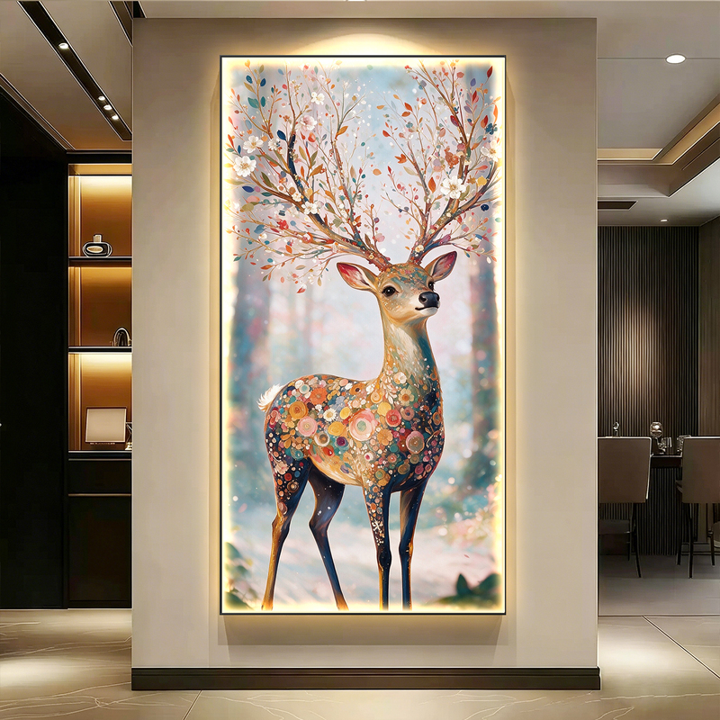 Cream-Colored Decorative Painting of a Deer for the Entrance, Featuring a Deer with Flowers, Hanging Painting Facing the Door, Wall Art at the End of the Corridor