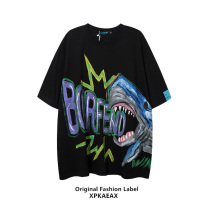 XPKAEAX Original Tide Brand Hand Painted Shark Alphabet Print Cotton Short Sleeve Men Plus Fat Size T-shirt