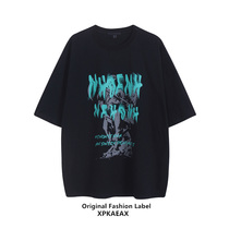 XPKAEAX Original Tide Card Letter Printed Graffiti T-Shirt Male And Female Summer Pure Cotton Round Collar Semi-Cut Sleeve Loose Short Sleeve