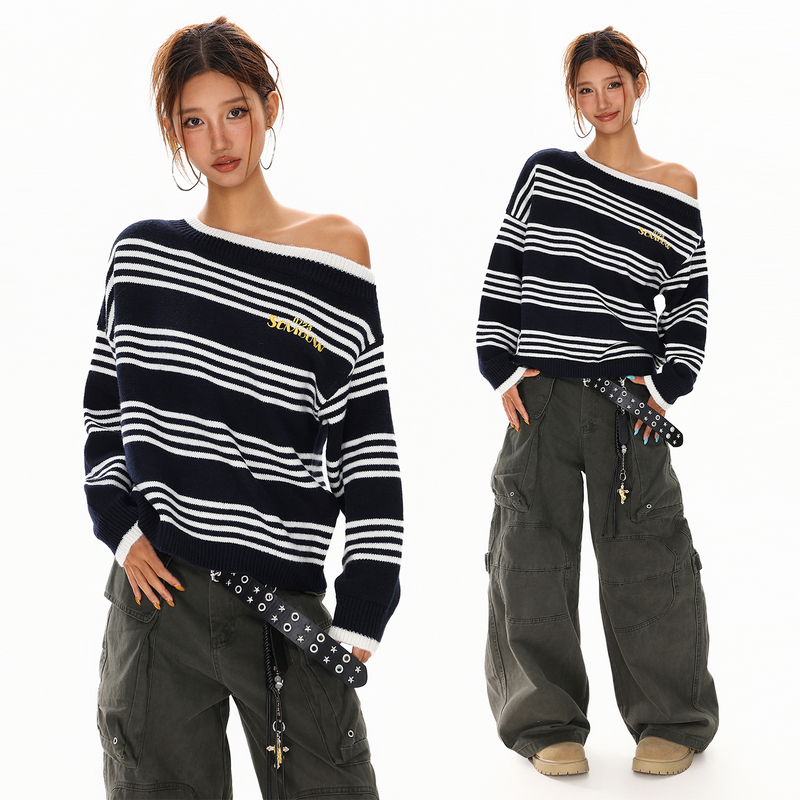 Xpkaeax Hot Girl Trendy Brand Striped One-Shoulder Sweater Women's Autumn American Retro Loose Knitwear ins Off-Shoulder Top Xpkaeax Hot Girl Trendy Brand Striped One-Shoulder Sweater Women's Autumn American Retro Loose Knitwear ins Off-Shoulder Top