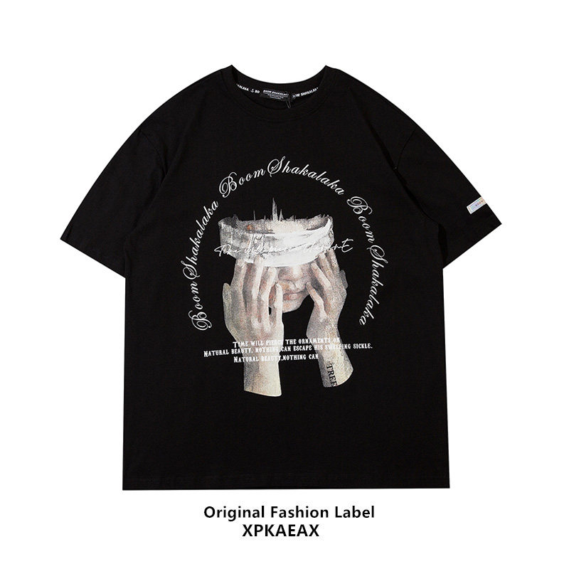 XPKAEAX Original Tide Card American Vintage Vintage Dark Black Ensemble High Street Hiphop Fried Street T-Shirt Male Short Sleeve