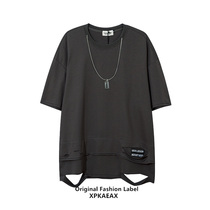 XPKAEAX Original Tide Card Design Sense Breaking Hole Short Sleeve Men Summer Pure Cotton Pure Color 50% Sleeves With Necklace T-shirt