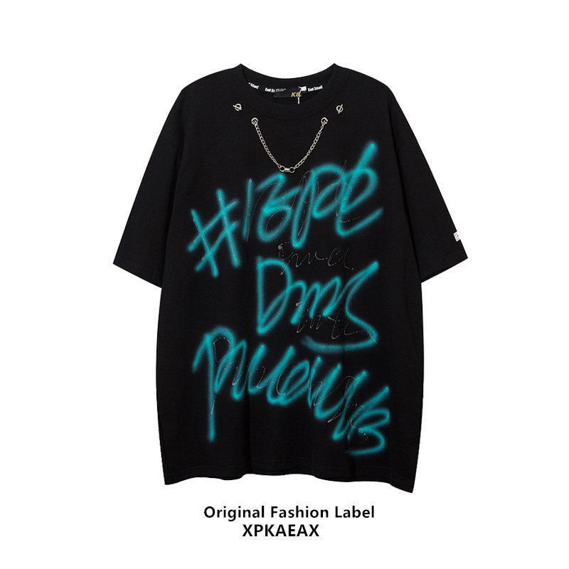 XPKAAEX original tide brand with necklace T-shirt men's tide all-match letter printing top summer high street hip-hop short-sleeved