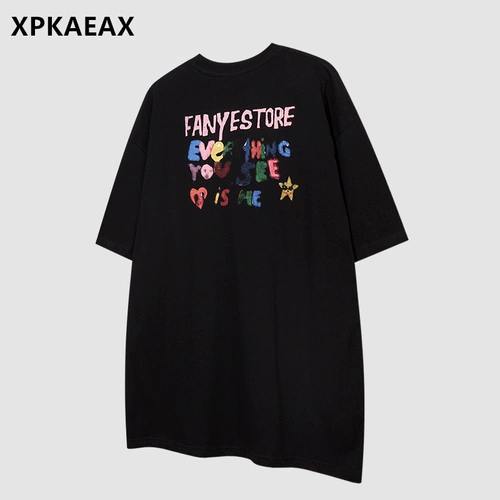 XPKAEAX оригинальный модный бренд европейского и американского уличного свободного покроя с короткими рукавами, летняя забавная забавная футболка с круглым вырезом и рукавом пять четвертей High Street
