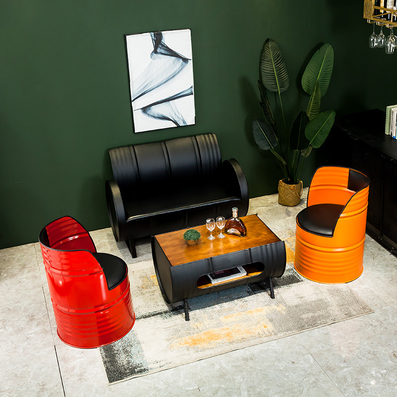 Oil Barrel Iron Art Sofa Backrest Table And Chairs Combo Retro Specialty Creative Industrial Wind Bar Chair Personality Casual Tea Table