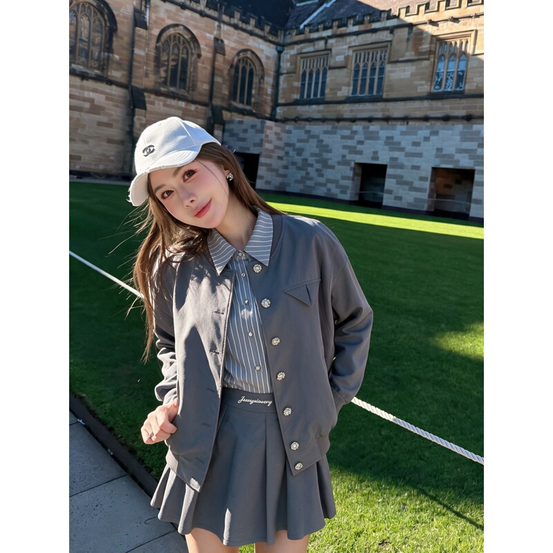 Mao Ni [White Colorful Dot] Casual Baseball Jacket for Women, Autumn Floral Metal Buckle Loose Long Sleeve Jacket