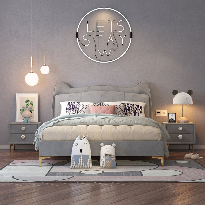 Children's bed boys single bed Nordic light luxury soft bag backrest leather art bed American country designer leather children's bed