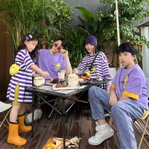 Pro-Child Fashion Summer Fashion 2022 New family of three Smiley Face Striped Collared T-shirt Han Edition Fashion Whole Family Clothing Short Sleeves