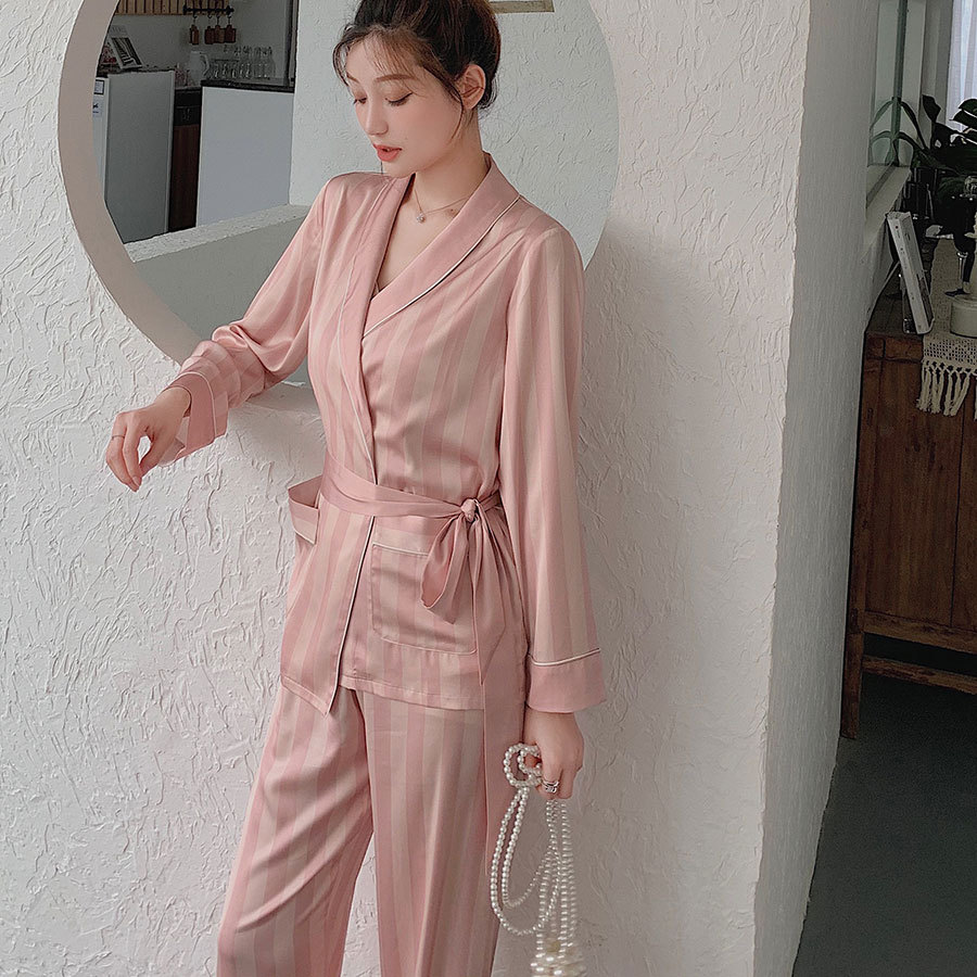 Chaoyang style Daily Gtra pajamas women's summer and autumn new Korean striped three-piece set of high-end ice silk home clothes