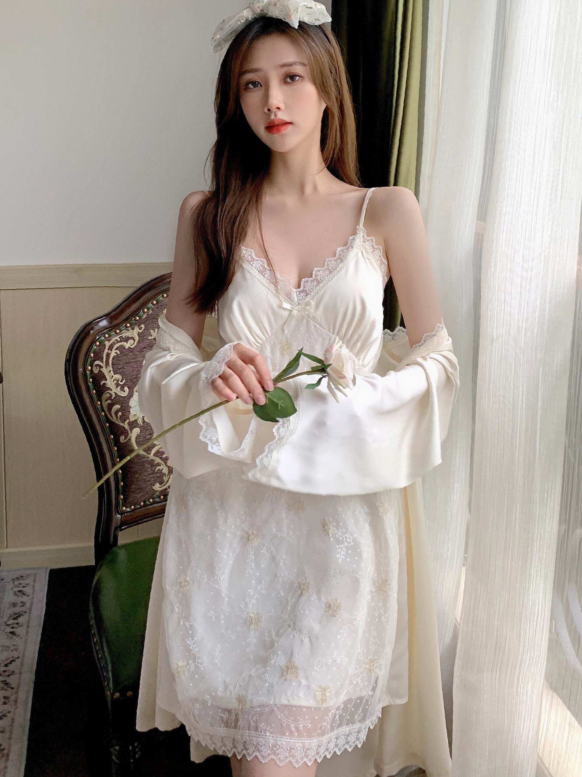 Summer sweet cool~ fresh charming Daily Gtra~ sexy beauty lace embroidered sleepy robe suit
