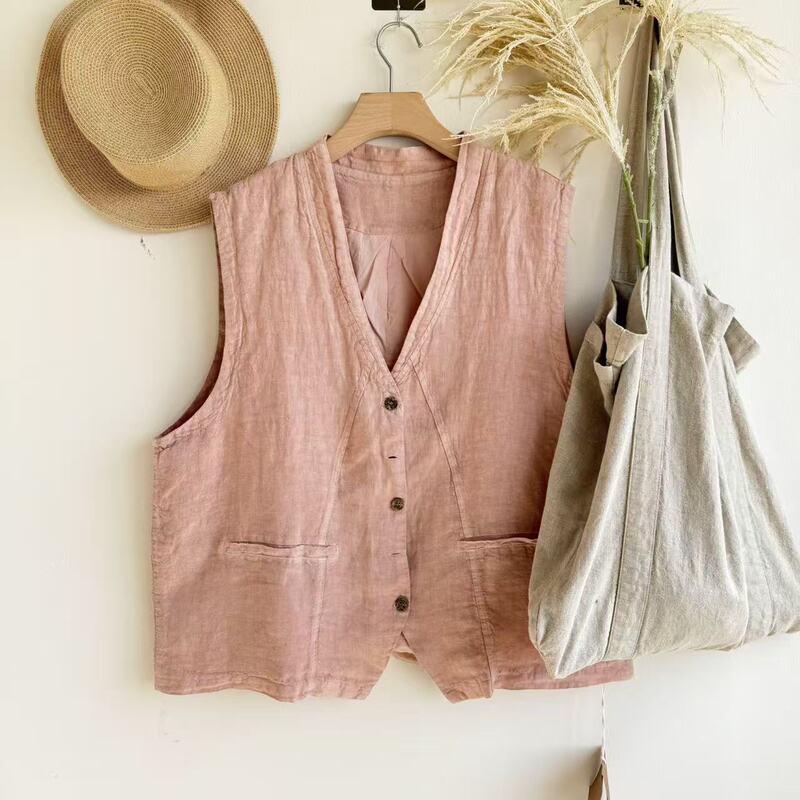Jx 2026 Early Autumn New Style Loose-Fitting Elegant Ecological Imported Linen Cardigan Vest Top for Women