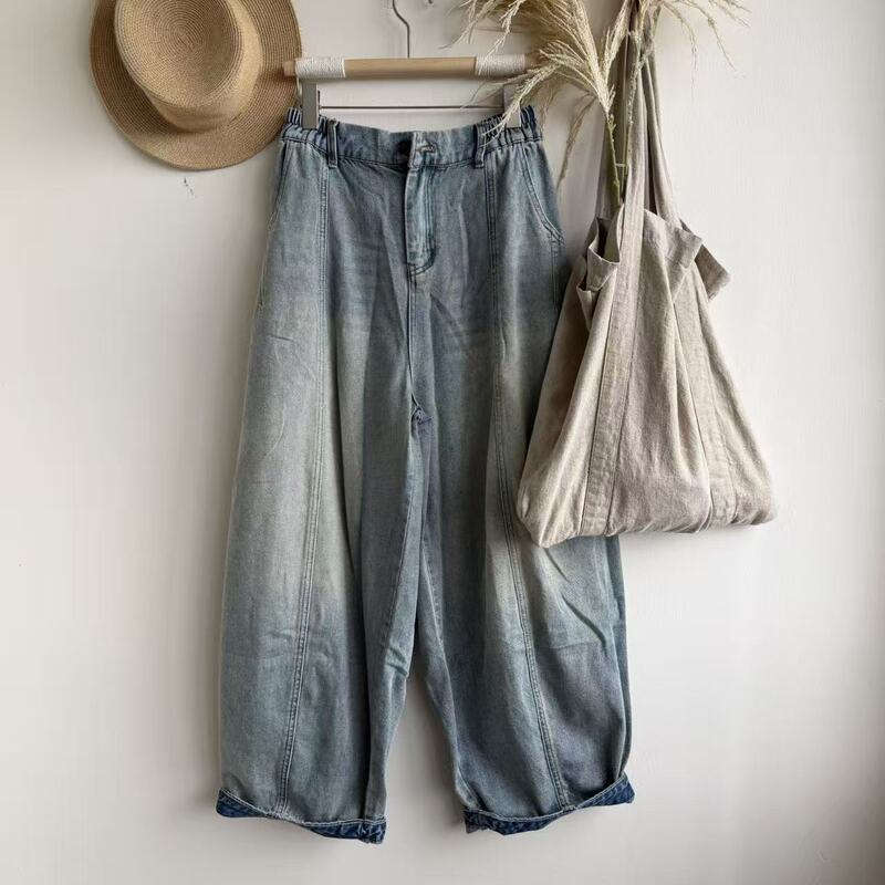 2026 Early Autumn New Heavy-Duty Sand-Washed Denim Elastic Waist Loose Slimming Casual Pants for Women 2026 Early Autumn New Heavy-Duty Sand-Washed Denim Elastic Waist Loose Slimming Casual Pants for Women
