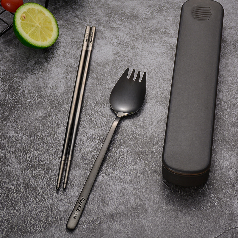 Chopsticks Spoon Suit 304 Stainless Steel Portable Cutlery Salad Fork Eat Face Student Three Sets Single Containing Box