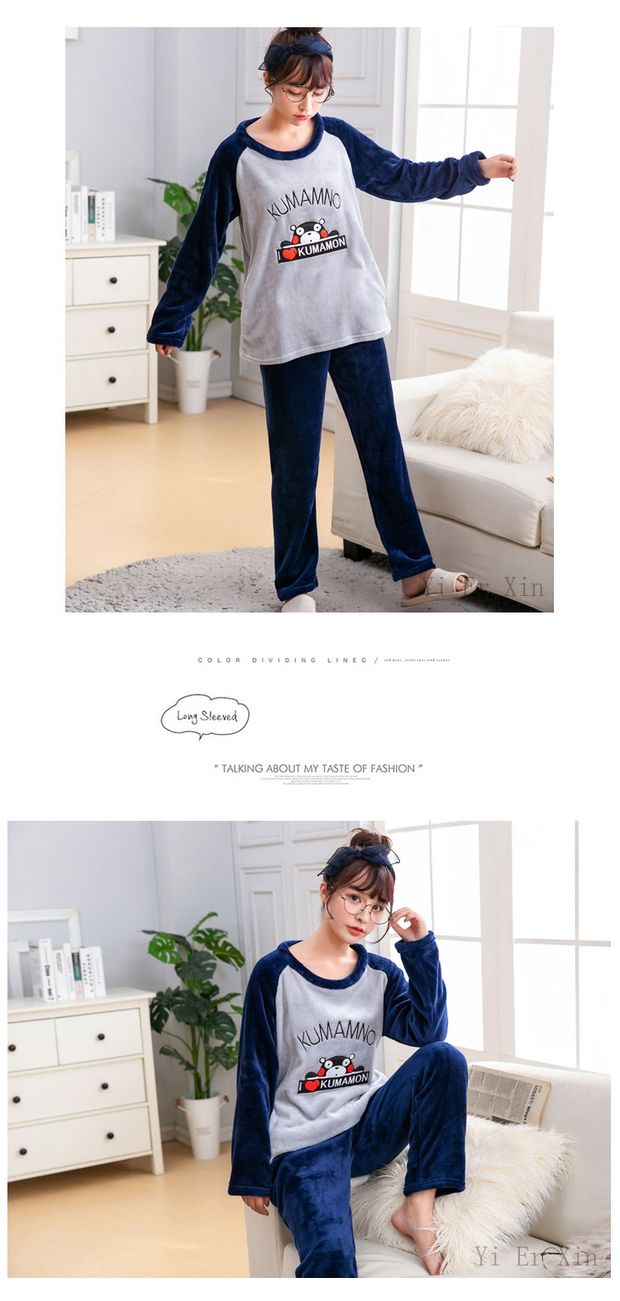 Mùa đông nhung san hô hoạt hình cặp vợ chồng bộ đồ ngủ gấu xám phù hợp với nữ béo MM XL 280 kg nam bộ đồ sz to cho nam