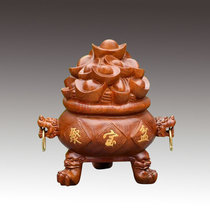 Woodcarving cornucopia ornaments mahogany lucky gold yuan treasure grass flower pear solid wood living room home office craft