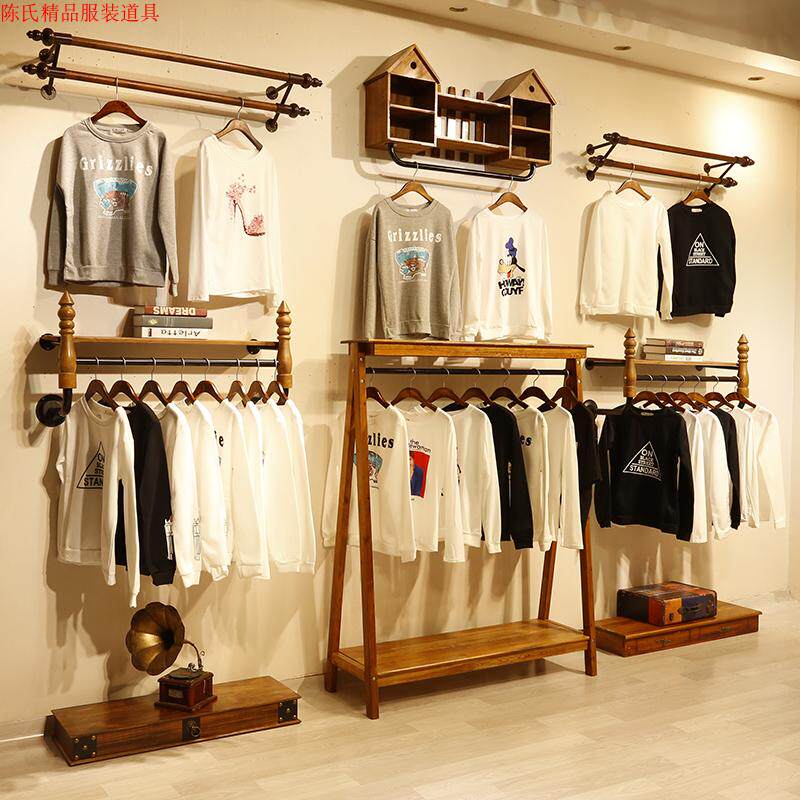 Clothing Store Clothes Hanger Show Shelf Retro Solid Wood Upper Wall Positive Side Hanging Clothes Hanger Clothing Shelf Middle Island Shelf Shelf