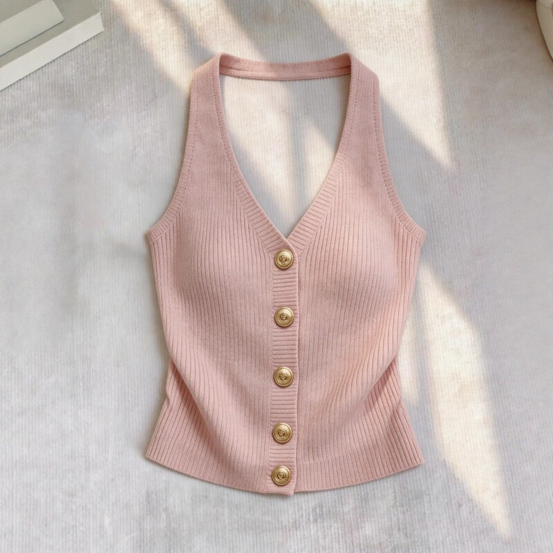Foreign Trade Export Women's Clothing French Style Age-Reducing Pink Knitted Vest Youthful Versatile Halter Neck Sleeveless Top Foreign Trade Export Women's Clothing French Style Age-Reducing Pink Knitted Vest Youthful Versatile Halter Neck Sleeveless Top