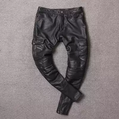 Multi-pocket first layer cowhide tooling leather pants Men's slim mid-waist small straight-legged leather trousers can add protective gear