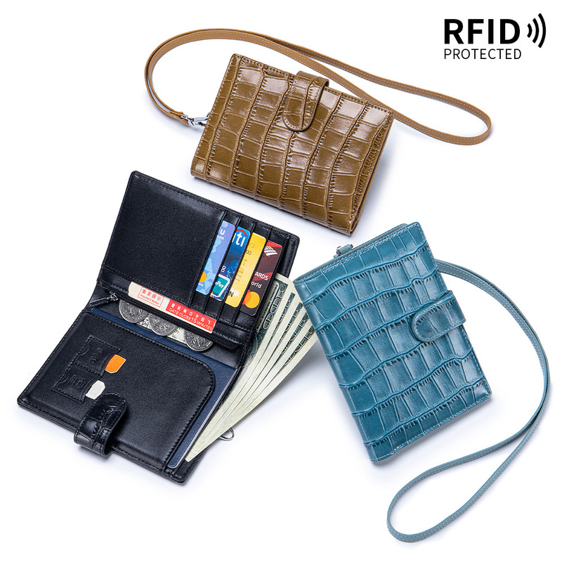New Style First-Layer Cowhide Leather Neck-Hanging Multifunctional Passport Holder, Travel Ticket Holder, Fashionable Crocodile Pattern Wallet with Large Capacity