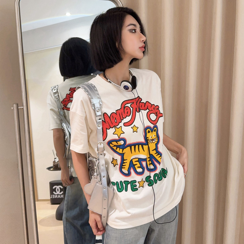 Momo Hardy 26 Spring Cute Toy Tiger Pattern Color-Block Versatile Short-Sleeve Pure Cotton Fun Rhinestone T-Shirt for Women