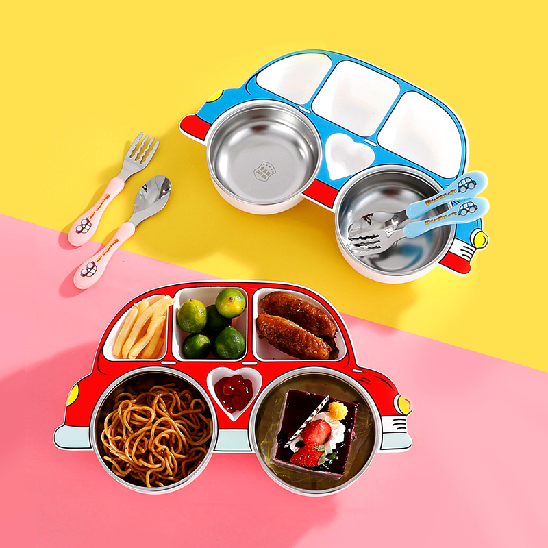 304 stainless steel children dinner plate Home cartoon cute dinner plate with lid separating children from eating bowls cutlery sets